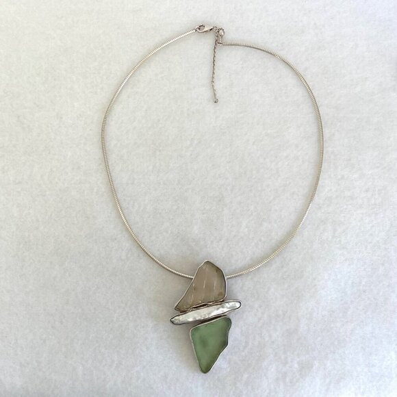 Sterling Silver 925 Beach Glass & Biwa Pearl Pendant Necklace 16"-18" Chain - Picture 12 of 16